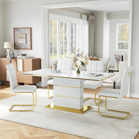 63" Dining Table Set of 5, Rectangular Glossy Table with Gold Accents and 4 PU Leather Cantilever Chairs, Luxury Style for Apartment, Living Room, and Dining Room