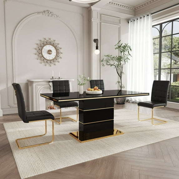 5-Piece Dining Table Set, 63" Rectangular High Gloss MDF Table & 4 PU Cantilever Chairs with Stainless Steel Legs, Dining Table Set for Kitchen, Dining Room or Living Room