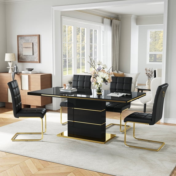63" Dining Table Set of 5, Rectangular Glossy Table with Gold Accents and 4 PU Leather Cantilever Chairs, Luxury Style for Apartment, Living Room, and Dining Room