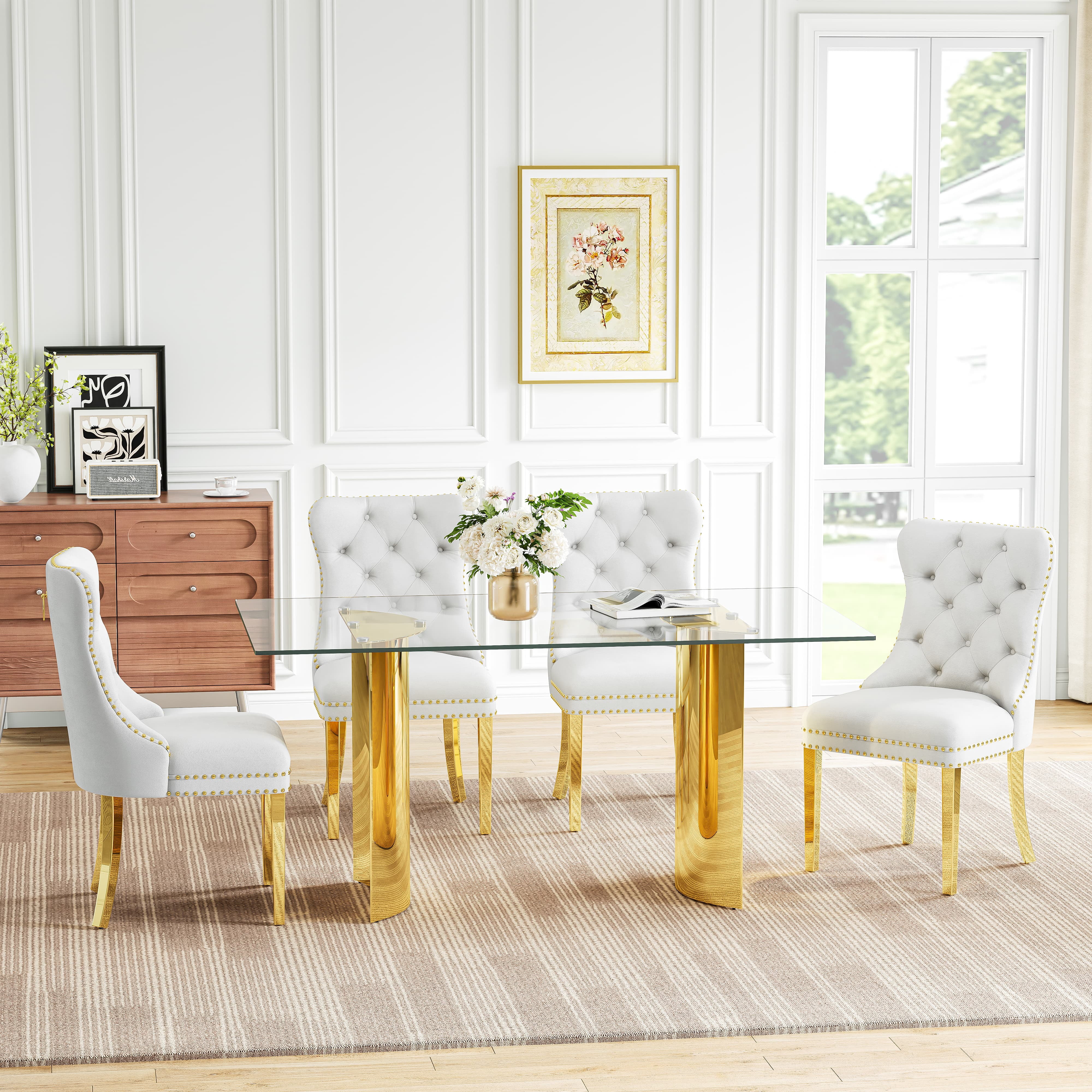 5-Piece Dining Table Set, 63" Rectangular Tempered Glass Table & 4 ...