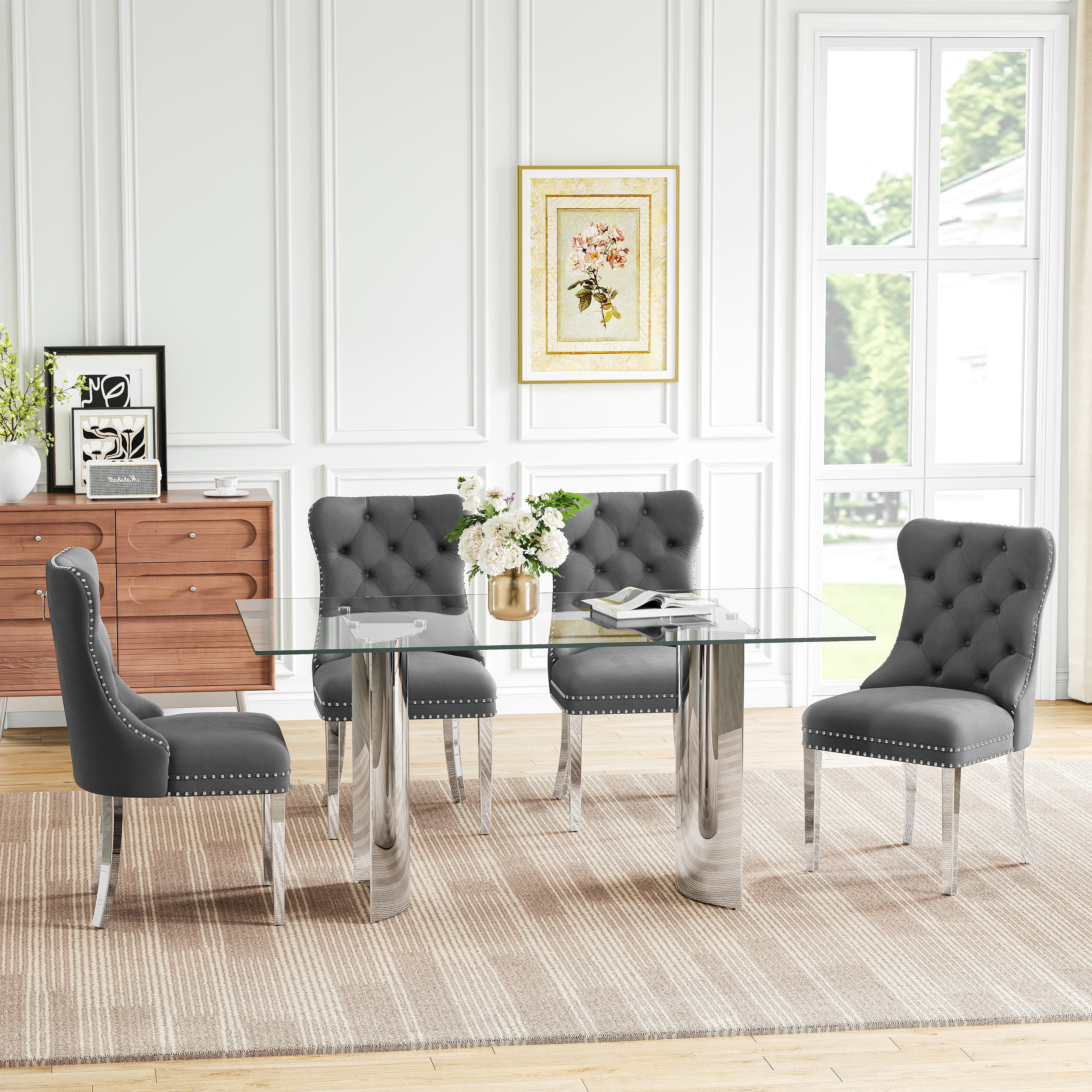 5-Piece Dining Table Set, 63" Rectangular Tempered Glass Table & 4 ...