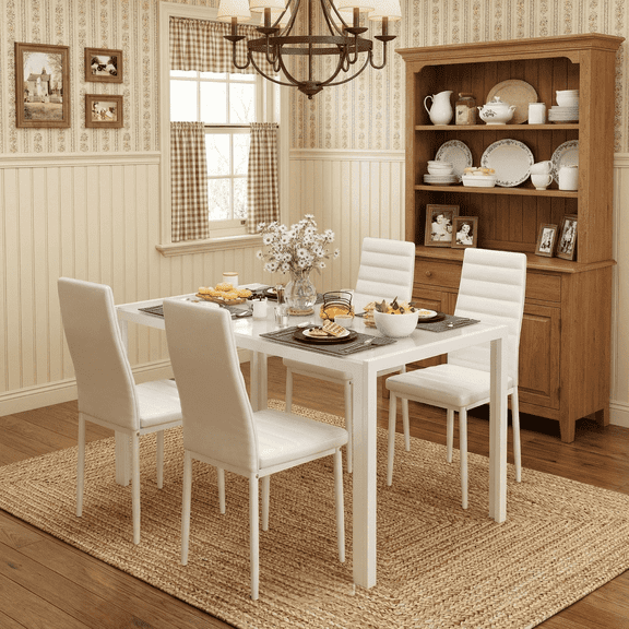 5 Piece Dining Table Set, Asofer Glass Tabletop and 4 PU Leather Upholstered Chairs, Rectangle Kitchen Table and Chairs for 4, Small Dining Set for Dining Room Breakfast Nook, White