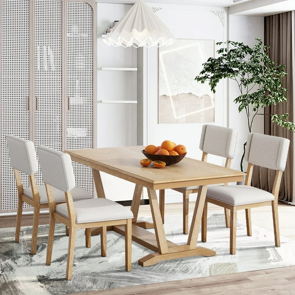 5 Piece Dining Table Set, Atumon Dining Table Set for 4, Wood Dining Room Set with 1 Table and 4 Upholstered Chairs, Farmhouse Dining Table Set for Kitchen Dining Room Apartment, Natural