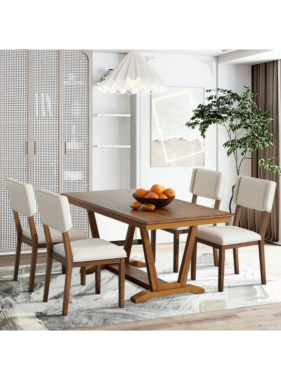 5 Piece Dining Table Set, Atumon Dining Table Set for 4, Wood Dining Room Set with 1 Table and 4 Upholstered Chairs, Farmhouse Dining Table Set for Kitchen Dining Room Apartment, Walnut
