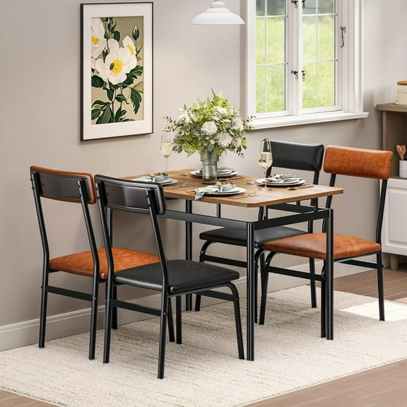 5-Piece Dining Table Set, Brown Wood Kitchen Table with 4 PU Upholstered Chairs, Space-Saving Metal Frame Dinette, 2 PU Brown   2 PU Black