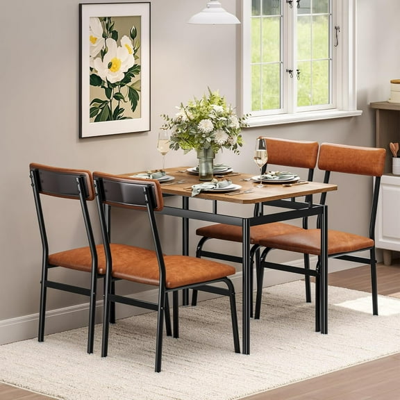 5-Piece Dining Table Set, Brown Wood Kitchen Table with 4 PU Upholstered Chairs, Space-Saving Metal Frame Dinette, for Dining Room, 4 PU Brown Chair