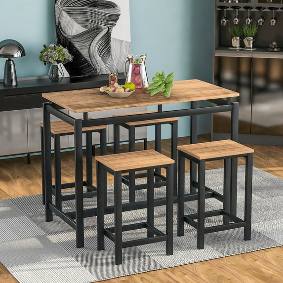 5-Piece Dining Table Set with Counter Height Table & 4 Bar Stools, Industrial Kitchen Dining Table Set with Footrest & Backrest, Space-Saving Dinette Set for Pub, Dining Room, Restaurant, Brown