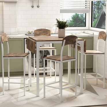 5 Piece Dining Table Set, Dining Set with 1 Drop Leaf Table and 4 Counter Height Chairs, 5 Piece Modern Simple Dining Set for Home Kitchen Dining Room, White Metal Frame + Brown Wooden Tabletop