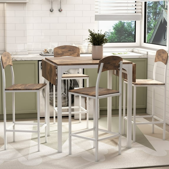 5 Piece Dining Table Set, Dining Set with 1 Drop Leaf Table and 4 Counter Height Chairs, 5 Piece Modern Simple Dining Set for Home Kitchen Dining Room, White Metal Frame + Brown Wooden Tabletop