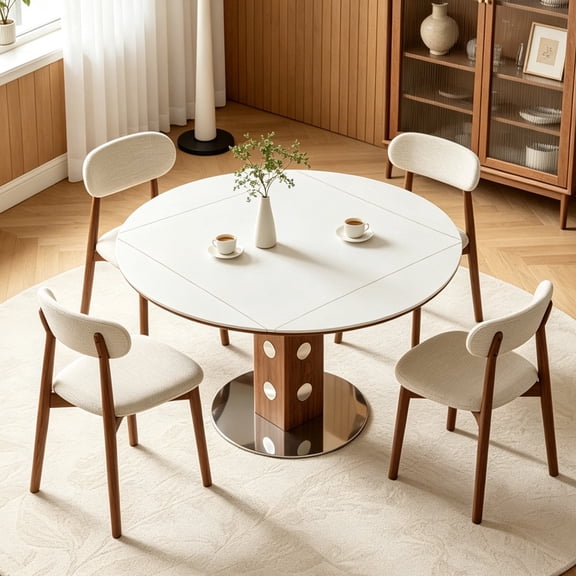 5 Piece Dining Table Set, Extendable Kitchen Table and Chairs, Dinner Table Set for 4, Sintered Stone Table Top + Wooden Chairs Set of 6 for Kitchen Dining Room