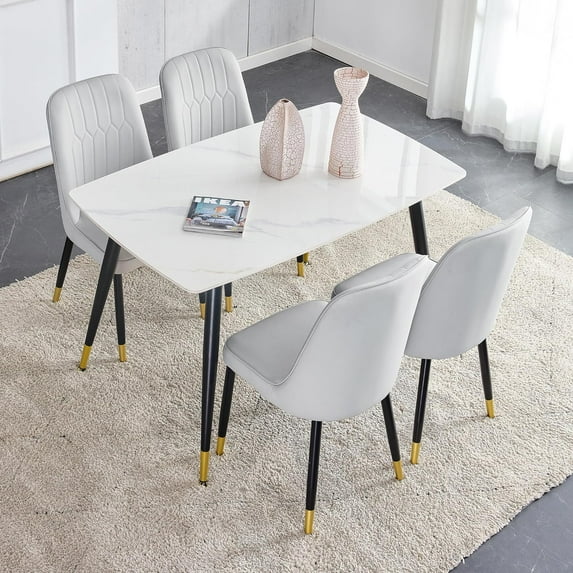 5 Piece Dining Table Set,Faux Marble Dining Table Set for 4,White Imitation Marble Pattern Dinner Table and White PU Leather Upholstered Kitchen Chairs for Living Room