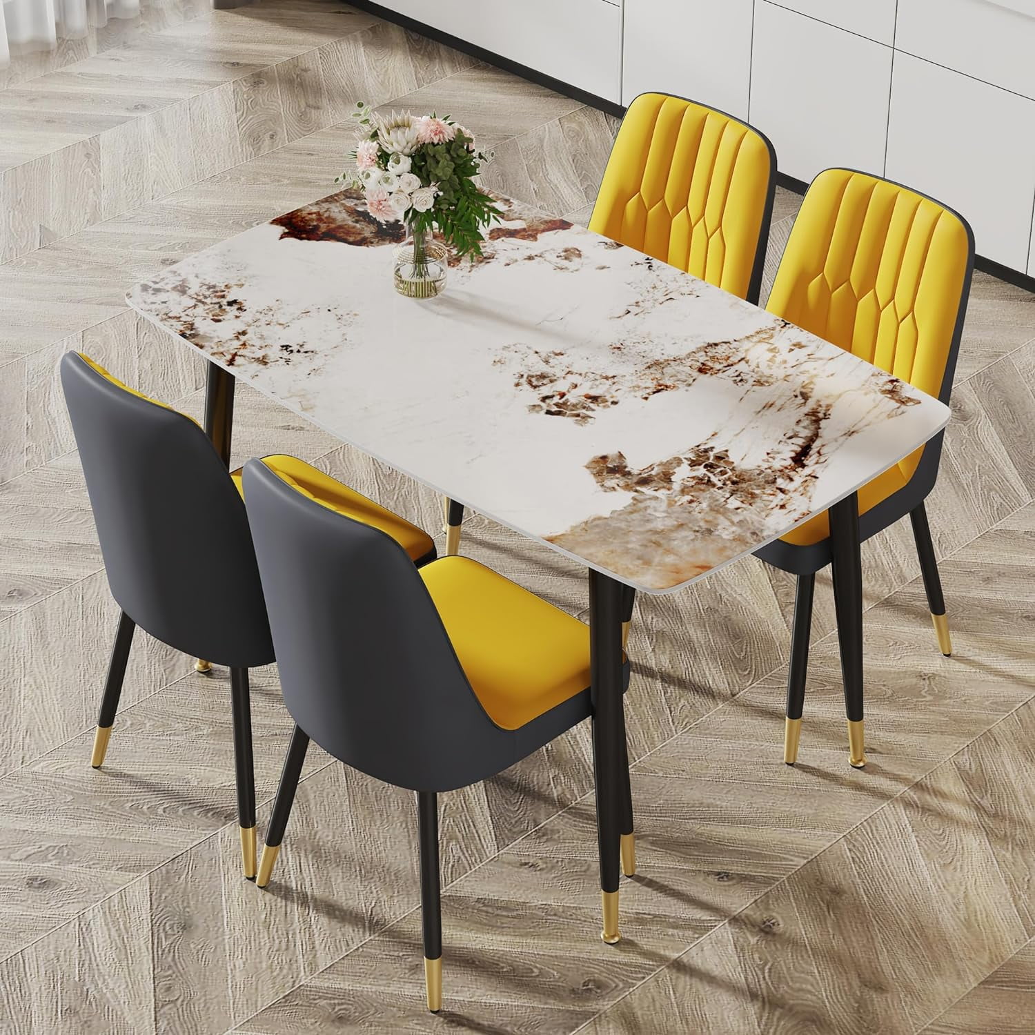 5 Piece Dining Table Set,Faux Marble Dining Table Set for 4-6,Imitation ...