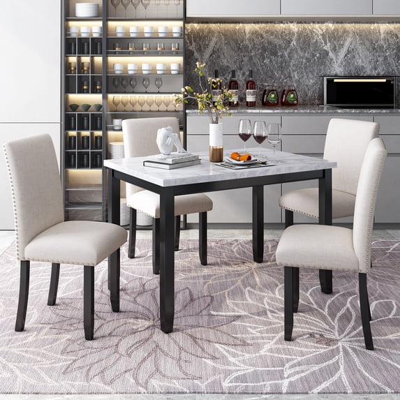 5-Piece Dining Table Set , Faux Marble Top Table with 4 Thicken Cushion Dining Chairs Dining Set, Modern Style Home Kitchen Furniture, Beige +Black