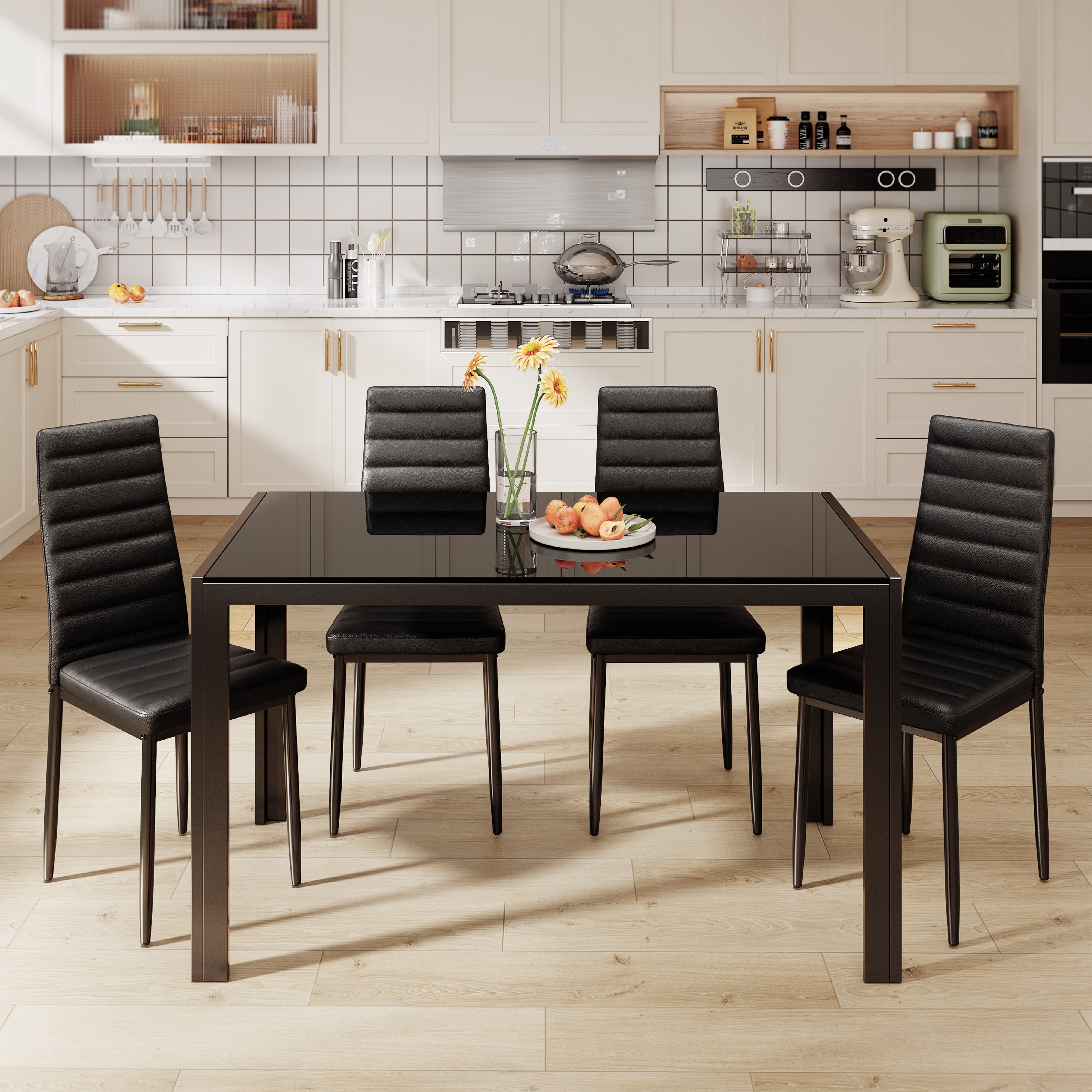 5-Piece Dining Table Set For 4, Glass Kitchen Table With 4 Upholstered ...