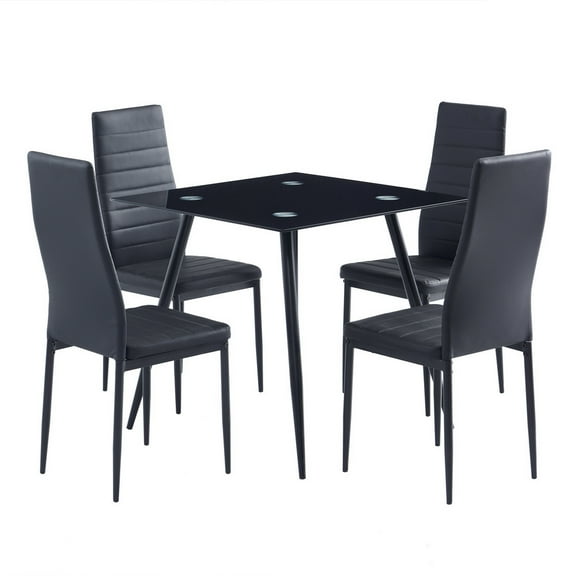 5-Piece Dining Table Set ,Glass Kitchen Table with 4 Upholstered Chairs , Space-Saving Design , Faux Leather Cushions , Modern Rectangular Table , Black , for Dining Room, Small Spaces