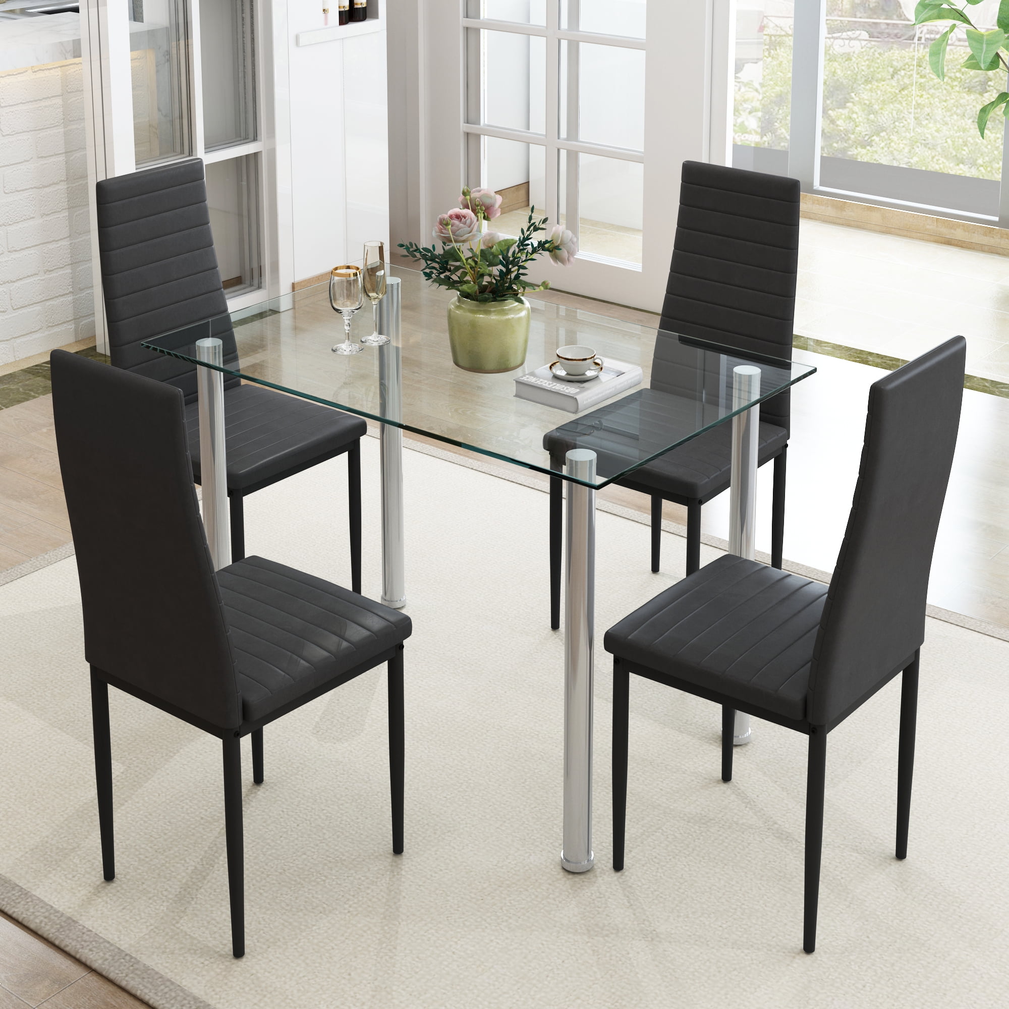 5 Piece Dining Table Set, HSUNNS Tempered Glass Top Dining Set with 4
