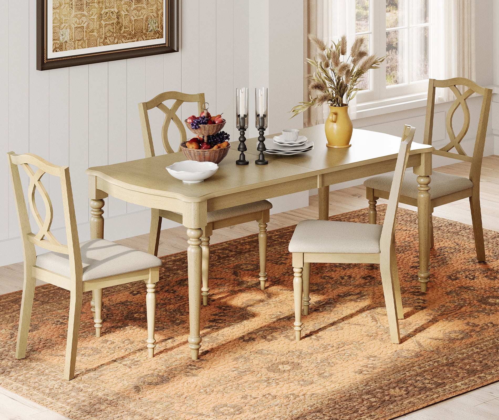 5 Piece Dining Table Set - Includes One Dining Table, 4 Wood Dining Chairs, Farmhouse Dining Set, Oak