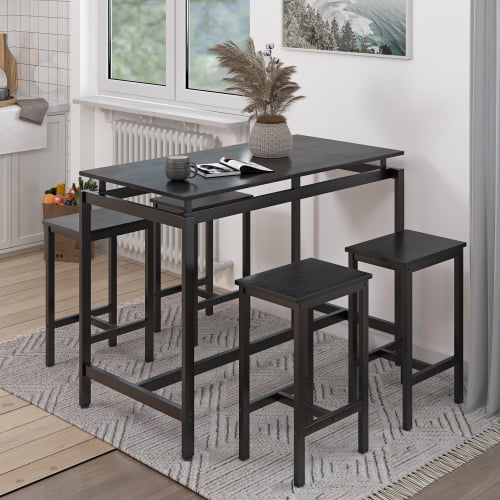 5 Piece Dining Table Set, Industrial Counter Height Bar Table with 4 Stools, Space-Saving Pub Table for Kitchen Small Space, Black