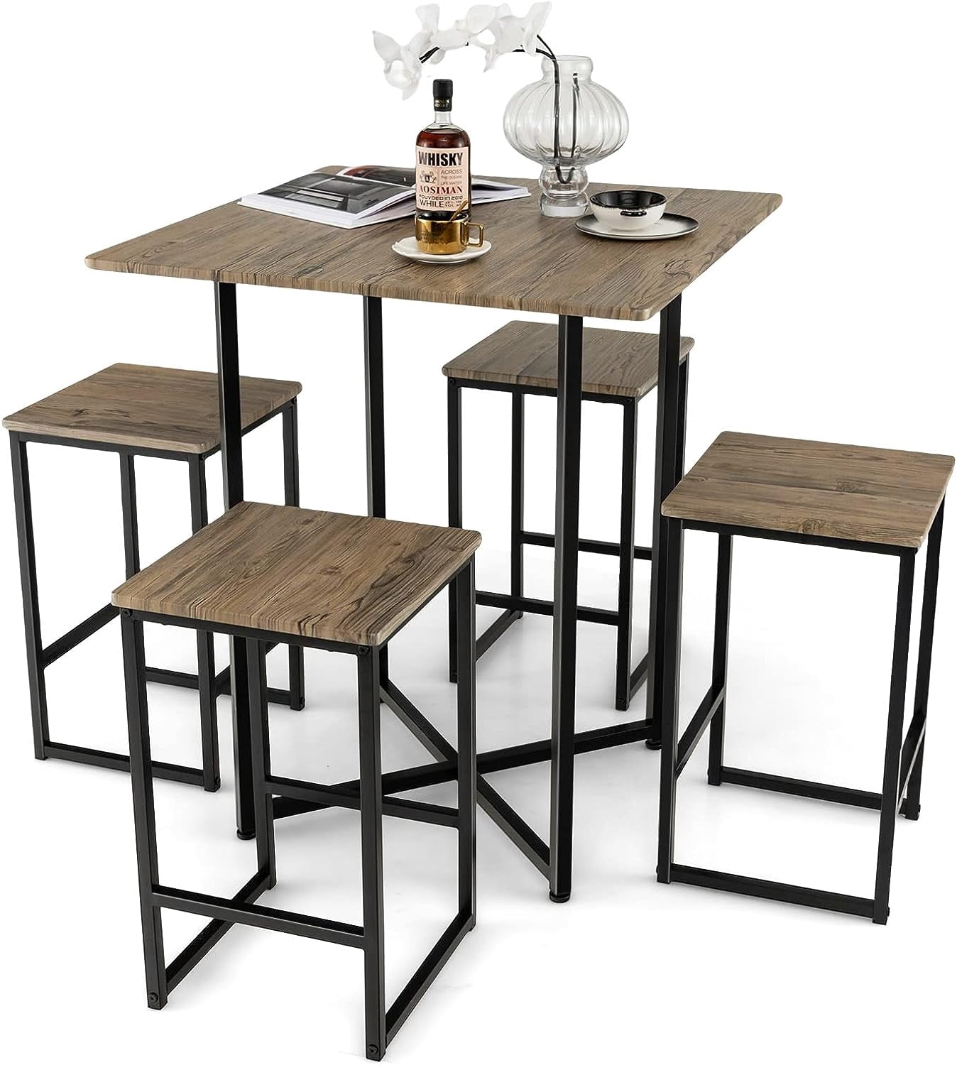 5 Piece Dining Table Set, Industrial Kitchen Table Set W/ 4 Stools, Square Space-Saving Bar ...
