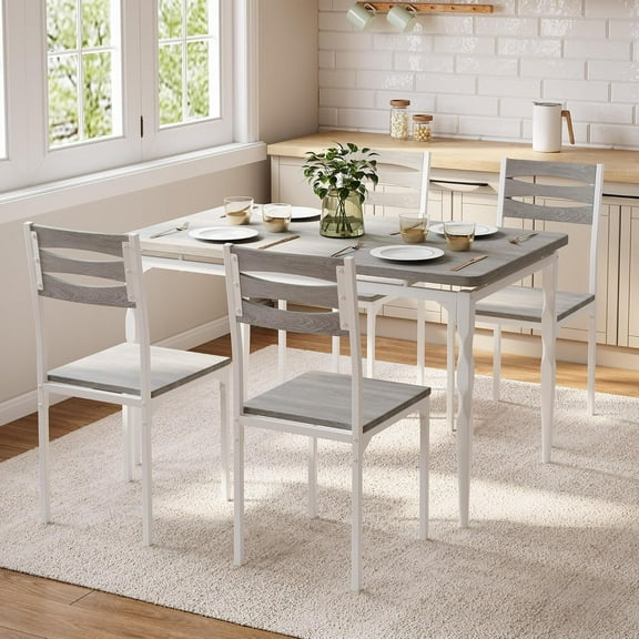 5 Piece Dining Table Set, Industrial Style Dining Table and Chairs Set for 4, Kitchen Table Set for Dining Room Kitchen Apartment, Grey