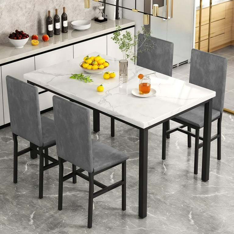 5 Piece Dining Table Set Kitchen Dining Table and Chairs Set for 4 Modern Marble Table and 4 PU Leather Upholstered Chairs Home Dining Set for