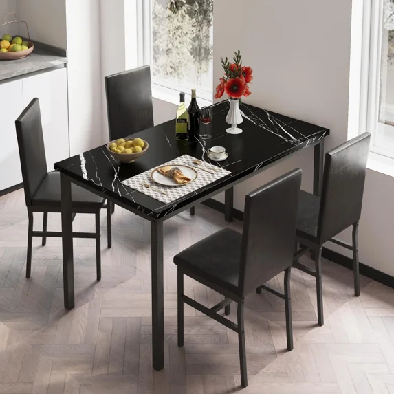 5 Piece Dining Table Set, Kitchen Dining Table and Chairs Set for 4, Modern Marble Table and 4 Upholstered Chairs, Home Dining Set for Small Space, Breakfast Nook, White, D8529