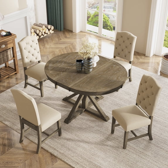 5 Piece Dining Table Set, Kitchen Table Set with 4 Upholstered Chairs and 1 Butterfly Leaf Dining Table, Cross-base Legs, Retro Furniture Set for Family Gatherings, 300 LBS Table Weight Capacity