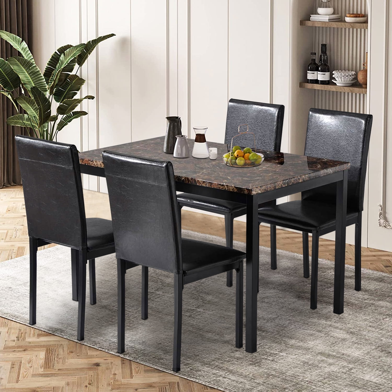 5 Piece Dining Table Set, Modern Dark Brown Kitchen Table Sets with PU