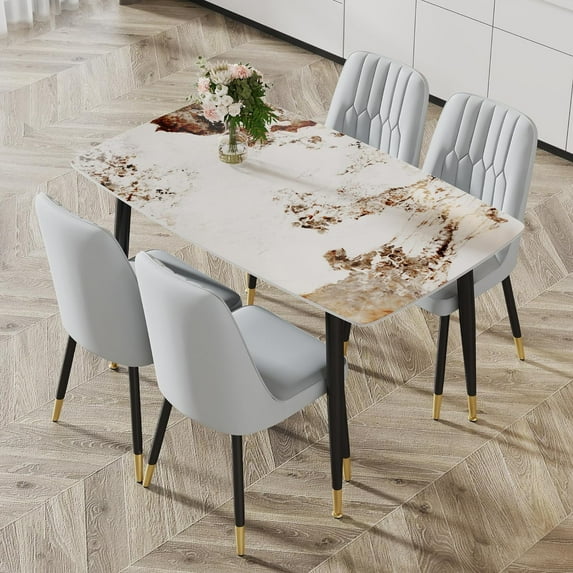 5 Piece Dining Table Set,Modern Faux Marble Dining Table Set for 4,Sintered Stone Imitation Marble Dinner Table and White PU Leather Upholstered Kitchen Chairs for Living Room