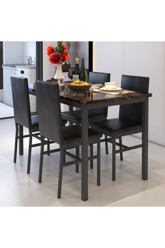 5 Piece Dining Table Set, Modern Faux Marble Tabletop and 4 PU Leather Upholstered Chairs, Rectangle Kitchen Table and Chairs for 4 Persons, Small Dining Set for Bar Dining Room Breakfast Nook