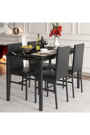 5 Piece Dining Table Set, Modern Faux Marble Tabletop and 4 PU Leather Upholstered Chairs, Rectangle Kitchen Table and Chairs for 4 Persons, Small Dining Set for Bar Dining Room Breakfast Nook