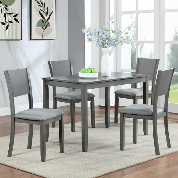 UHOMEPRO Solid Wood Dining Table Set for 4, 5 Pieces Dining Room Set with Wooden Tabletop and Soft Upholstered Chairs, Rectangle Kitchen Table and Chairs for Dining Room