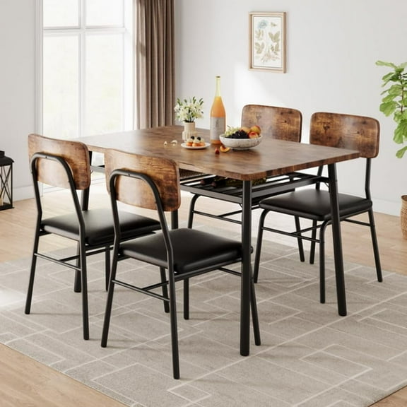 5-Piece Dining Table Set, Modern Kitchen Table Set for 4, Dining Table and Chairs for 4 with Metal Frame, Storage Rack, Square Table and 4 Padded Chairs for Small Space, Apartment, Brown