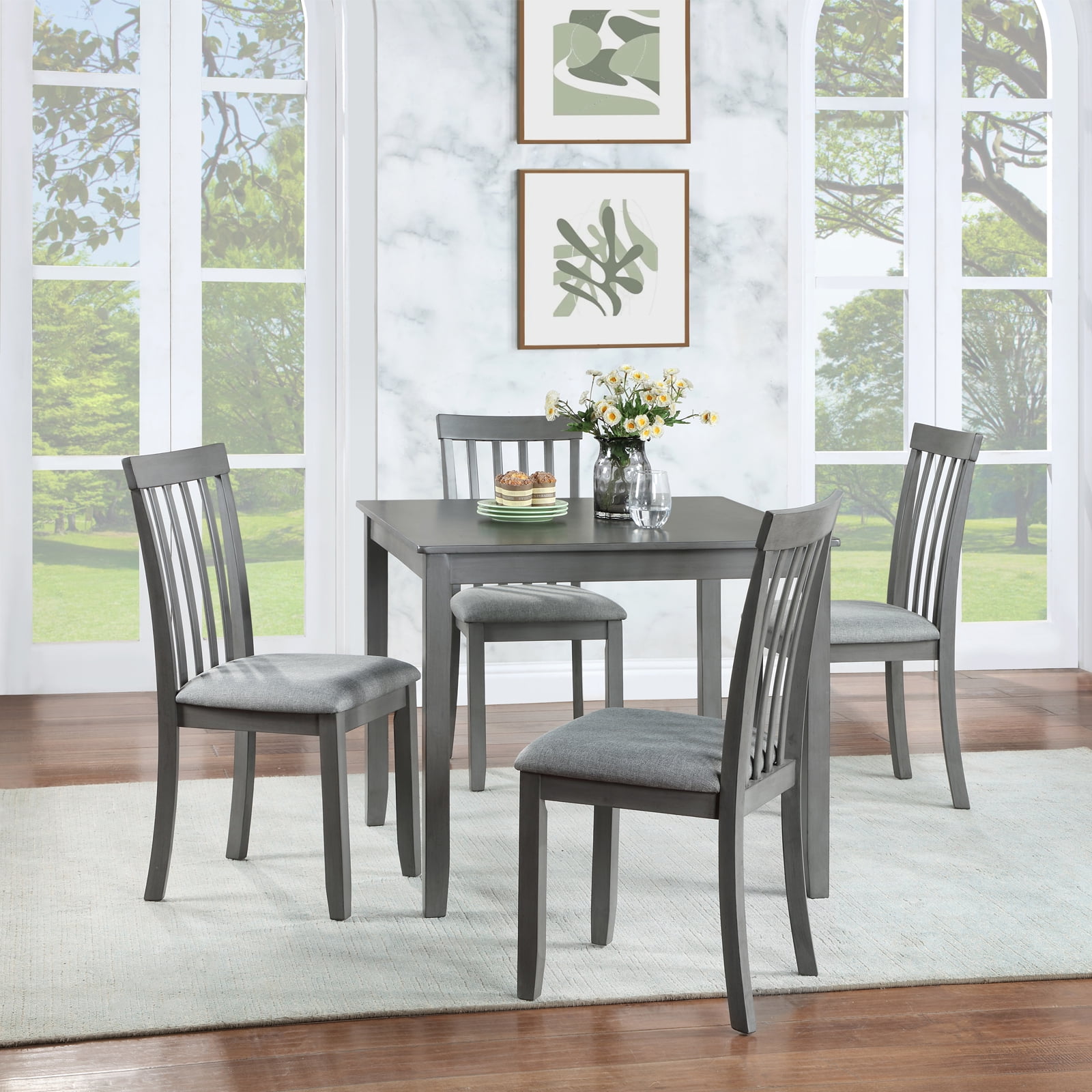 Gray Solid Wood Dining Set with Upholstered Chairs