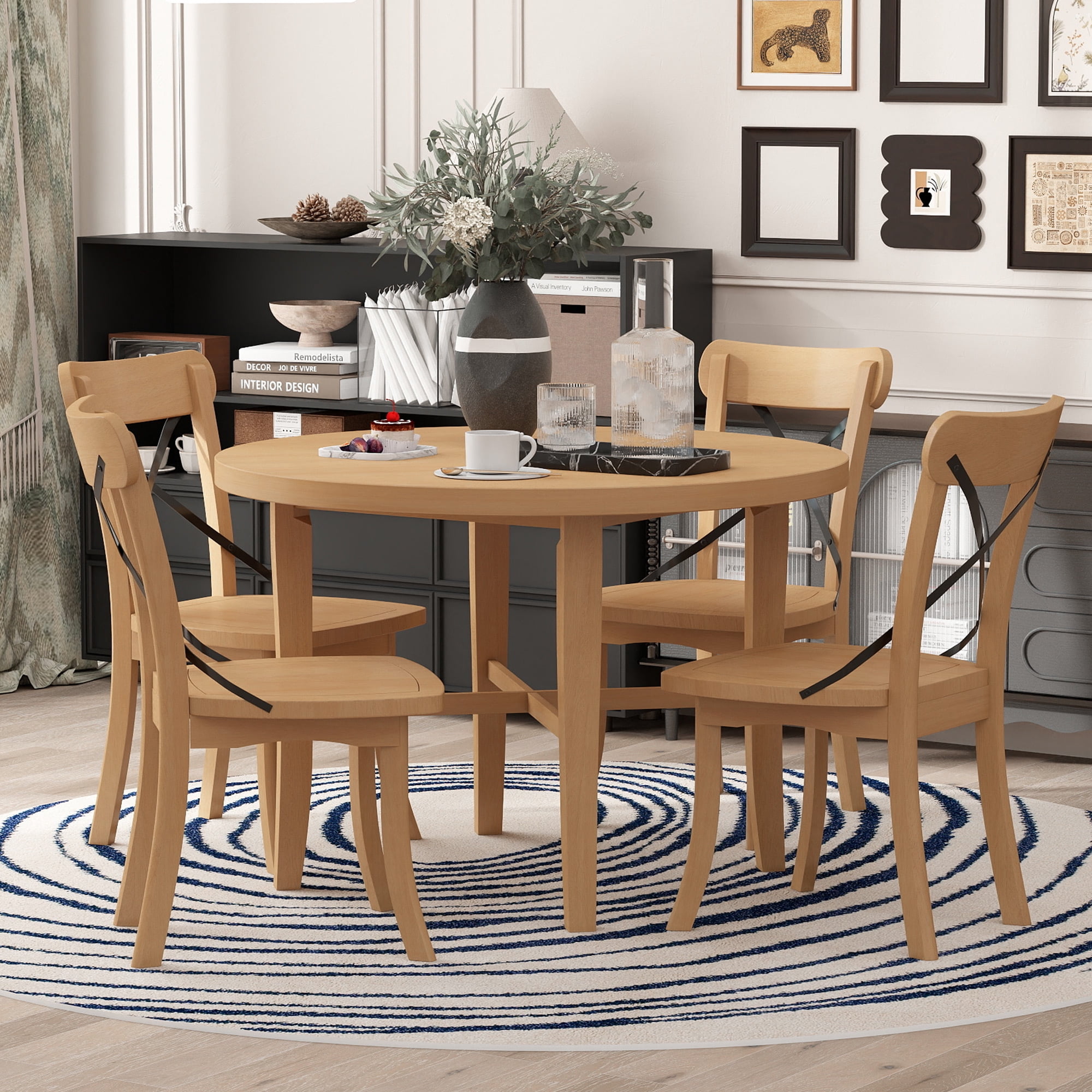 5 Piece Dining Table Set, Round Dining Table Set for 4, Wood Dining ...
