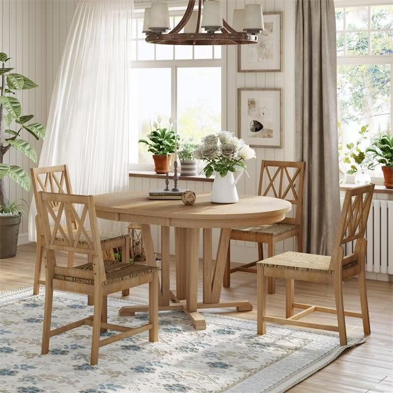5-Piece Dining Table Set, Rustic Extendable Round Trestle Table and 4 ...