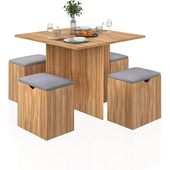 5-Piece Dining Table Set, Small Kitchen Table Set with 4 Stools Compact Space-Saving for Dining Room Kitchen Modern (Red Oak and Grey)
