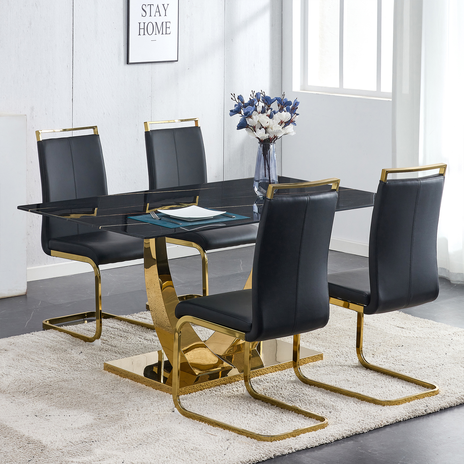 SUDICA 63" Rectangular Black Faux Marble Tempered Glass Dining Table Set with Gold Metal Base and 4 PU Leather Chairs for Dining Room