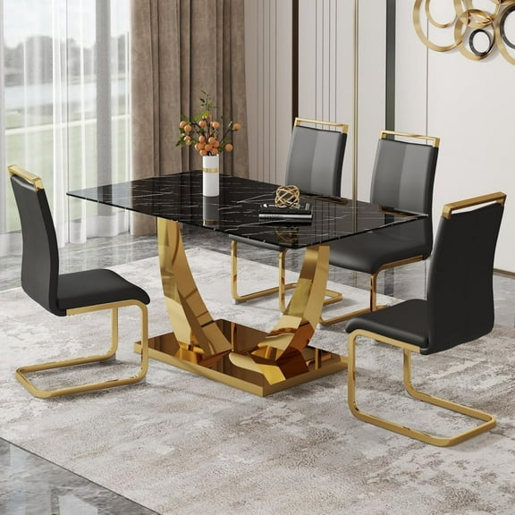 SUDICA 63" Black Faux Marble Rectangular Dining Table Set, 5-Piece Tempered Glass Top with Gold Metal Base and PU Leather Chairs for Dining Room Kitchen