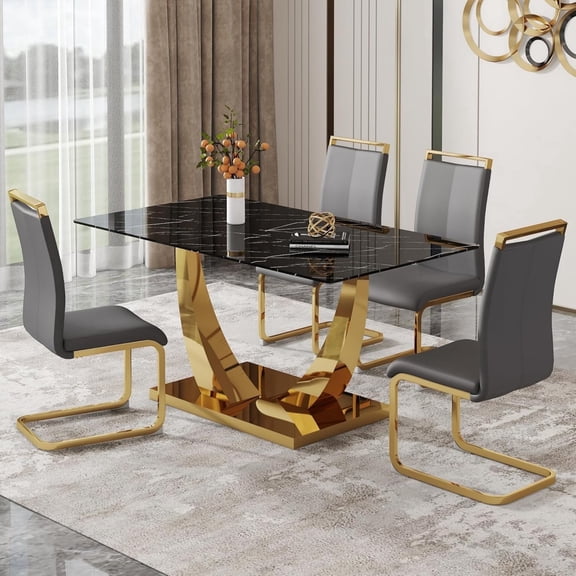 Sudica 5-Piece Modern Dining Table Set, Gray Faux Marble Table with 4 PU Leather Gold Legs Chairs for Dining Room
