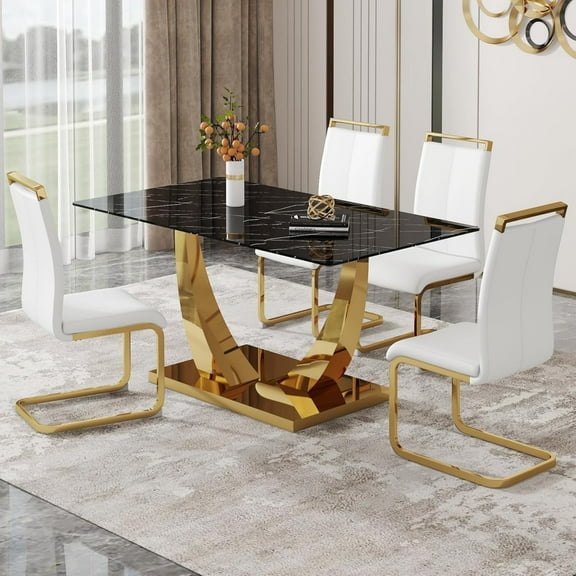 SUDICA 63" Rectangular Black Faux Marble Dining Table Set, Gold Metal Base with 4 White PU Leather Chairs, 5-Piece for Dining Room Kitchen