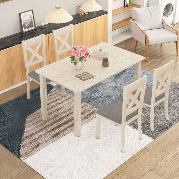 5-Piece Dining Table Set, VECELO Dining Table Set for 4, Wood Dining Room Set with 1 Table and 4 Chairs, 59.06 Inch Lenghth Rectangle Table For Kitchen Dining Room Apartment, Grey