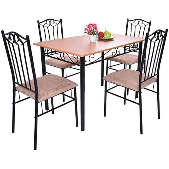 5-Piece Dining Table Set, Vintage Wood Top & Steel Frame, Padded Seats, Suitable for Kitchen, Dining Room & Restaurants$$Furniture