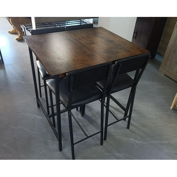 5-Piece Dining Table Set W/Footrest & Backrest, Bar Table Set with 4 Upholstered Chairs, Bar Table and Chairs Set with Corner Protector, for Pub, Dining Room, Kitchen