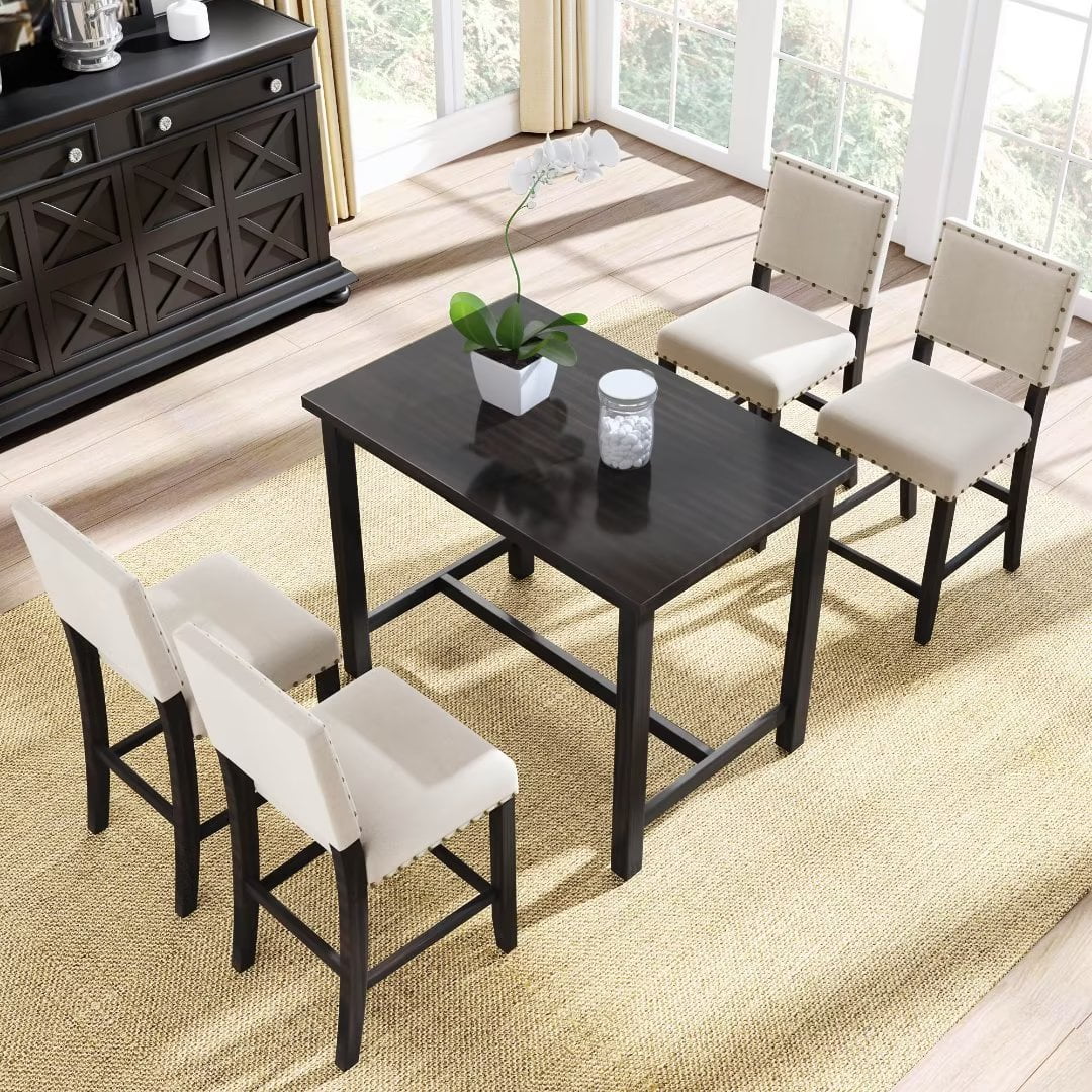 5 Piece Dining Table Set, Wooden Counter Height Kitchen Table Set ...