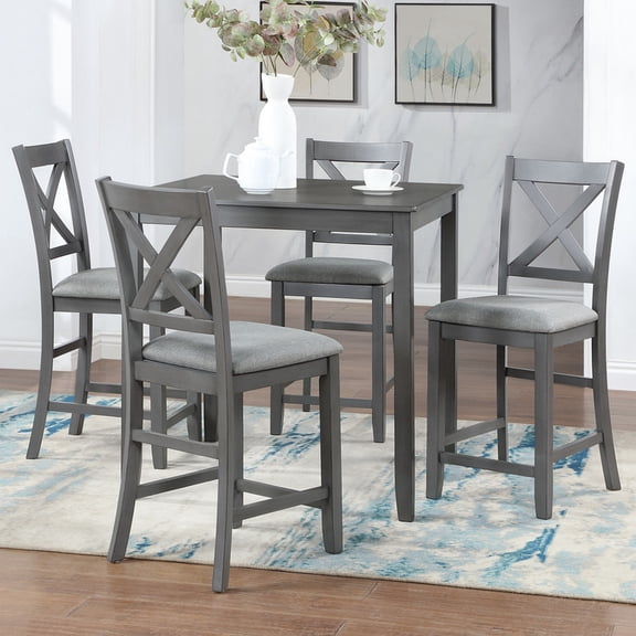 5 Piece Dining Table Set, Wooden Dining Square Table Set for 4, Counter Height Kitchen Table Set with Square Table and 4 Upholstered Chairs for Small Space, Gray