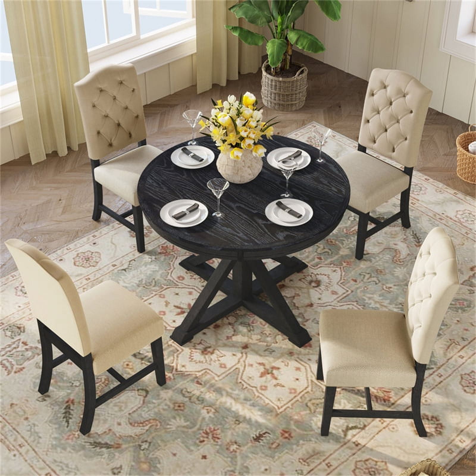 5Piece Dining Table Set, Wooden Extendable Kitchen Table Set for 4