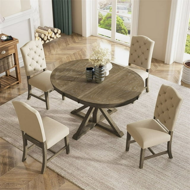 5Piece Dining Table Set, Wooden Extendable Kitchen Table Set for 4