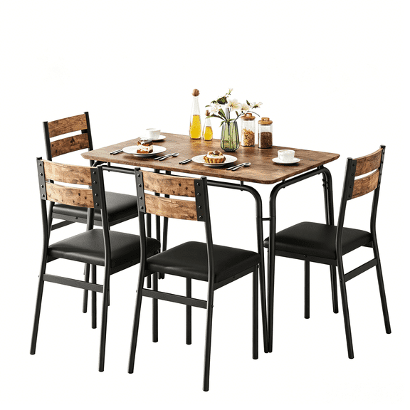 5-Piece Dining Table Set for 4 - 4 Upholstered Chairs & 1 Table - Modern Dining Room Furniture, Brown