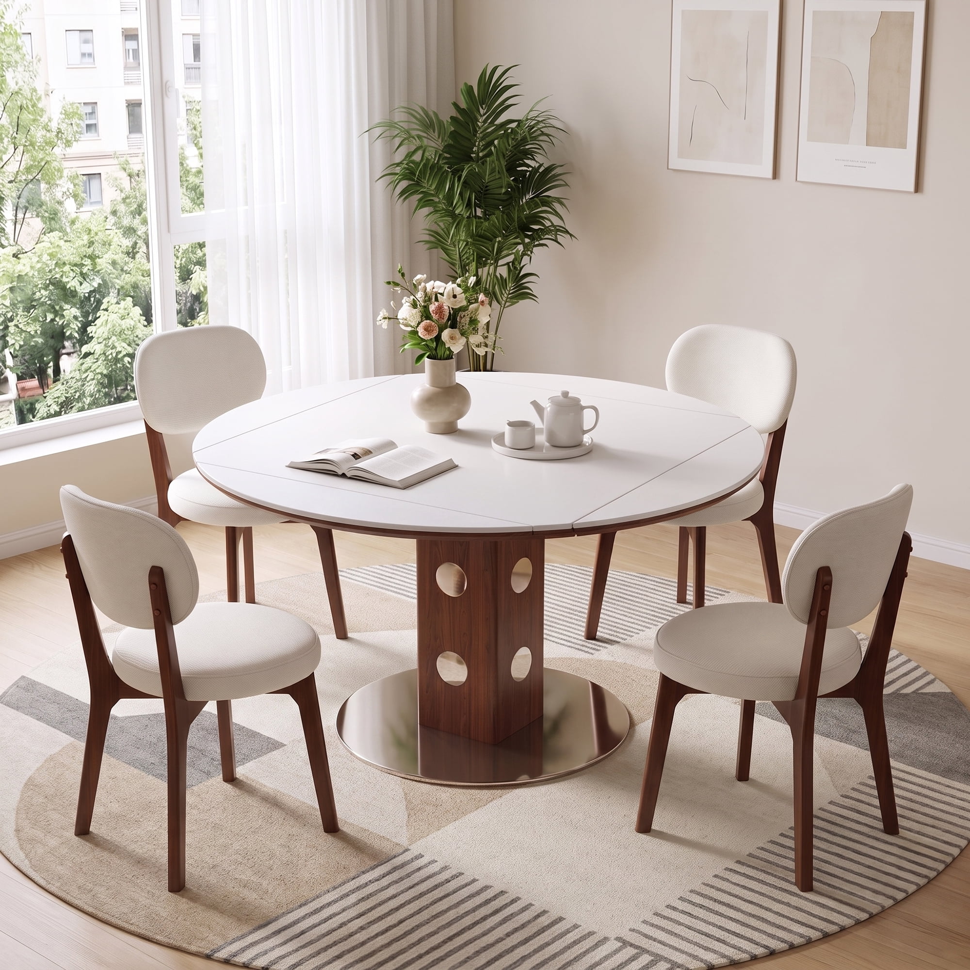 5 Piece Dining Table Set for 4, 47.2" Round Sintered Stone Table with Drop Leaf and 4 Upholstered Chairs